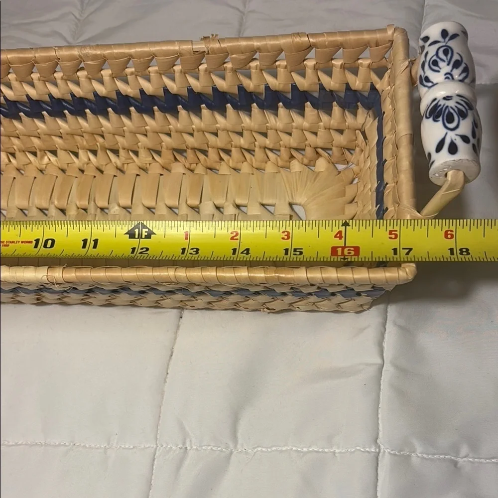 Woven Rectangular Basket with Ceramic Blue and White  Handles